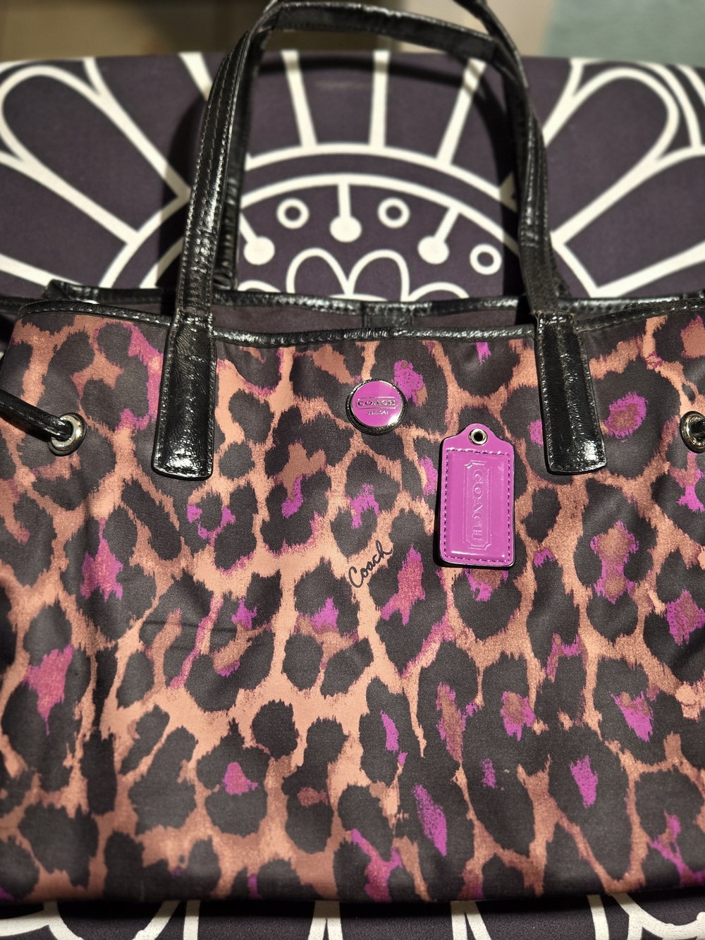 Coach Purple and Brown Leopard Tote with Black Trim